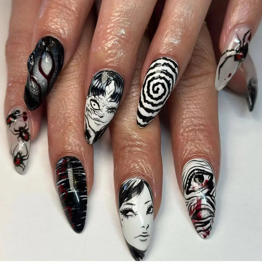 24Pcs Horror Comic Tomie Faux Ongles Parfait  ִֶָ..🦇