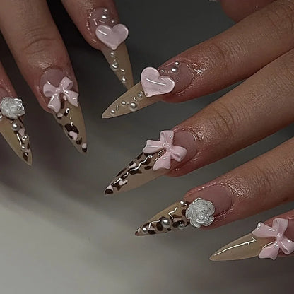 3D Faux Ongles Leopard French Nude Almond ── .✦