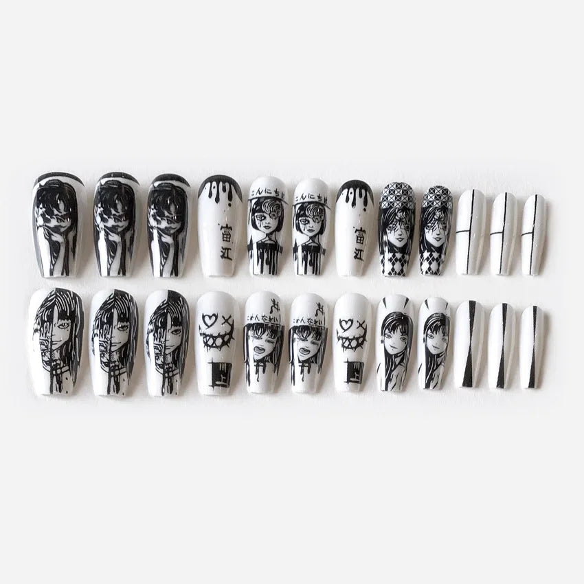 24Pcs Horror Comic Tomie Faux Ongles Parfait  ִֶָ..🦇
