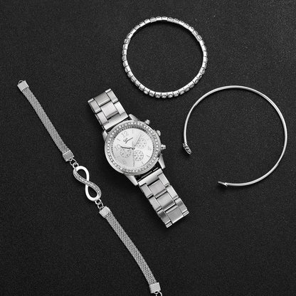 4PCS/Set Fashion Montre + Bracelets Inoxydables