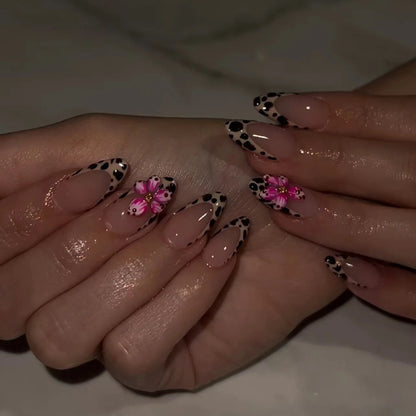 3D Faux Ongles Leopard French Nude Almond ── .✦