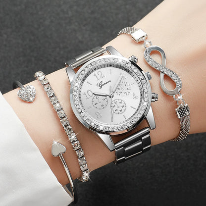 4PCS/Set Fashion Montre + Bracelets Inoxydables