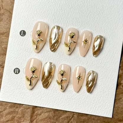 10pcs Faux Ongles en forme d'amande Détail Fleurs Dorées ✿