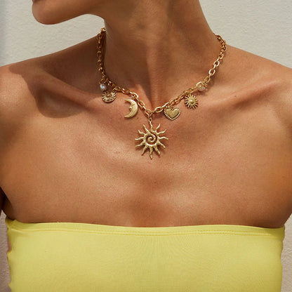 Vintage Coeur Soleil Lune Pendantif Trendy ── .✦