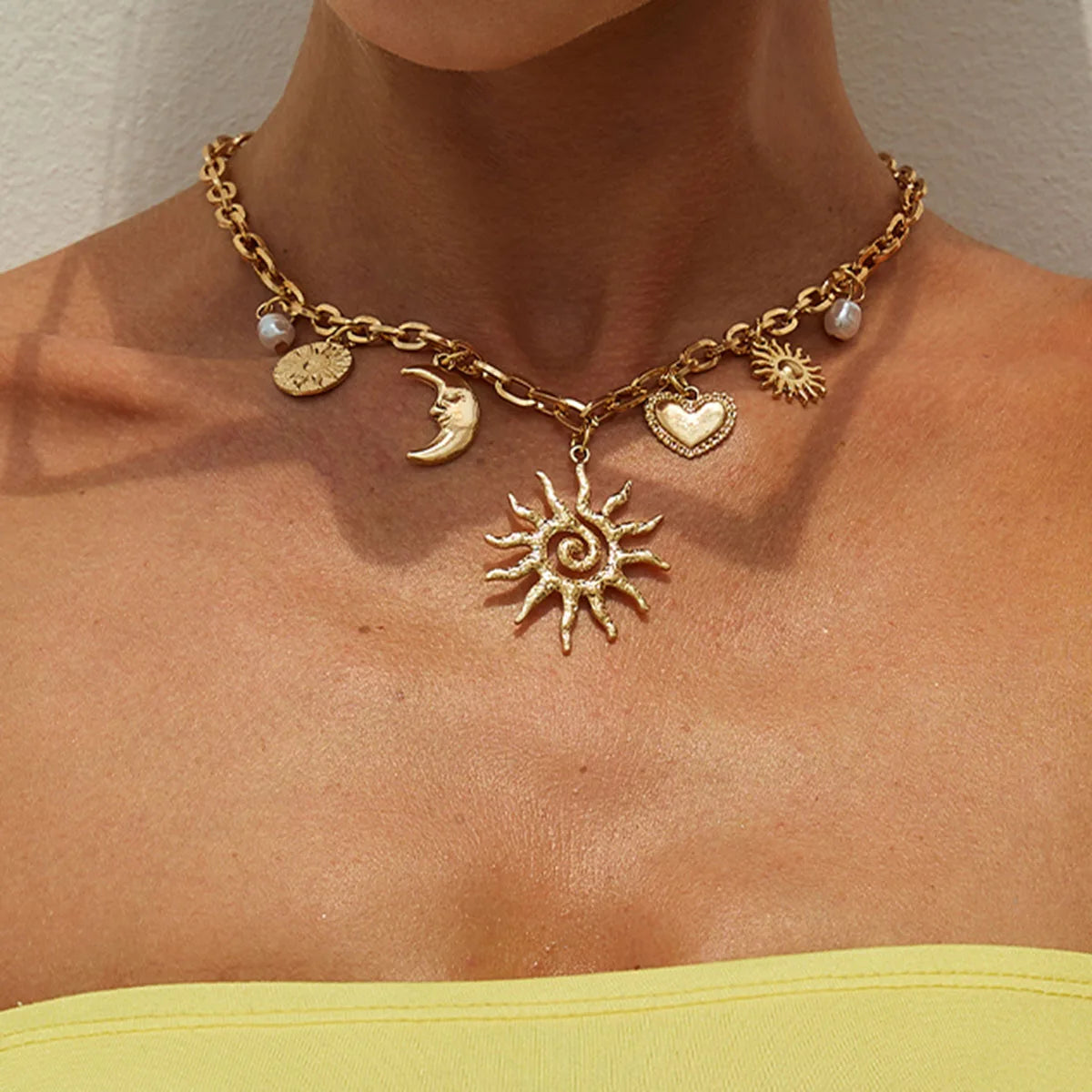Vintage Coeur Soleil Lune Pendantif Trendy ── .✦