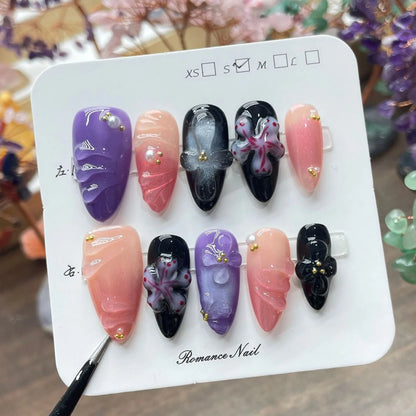 10PCS Fait Main Faux Ongles Réutilisables Fleury ⋆˚✿
