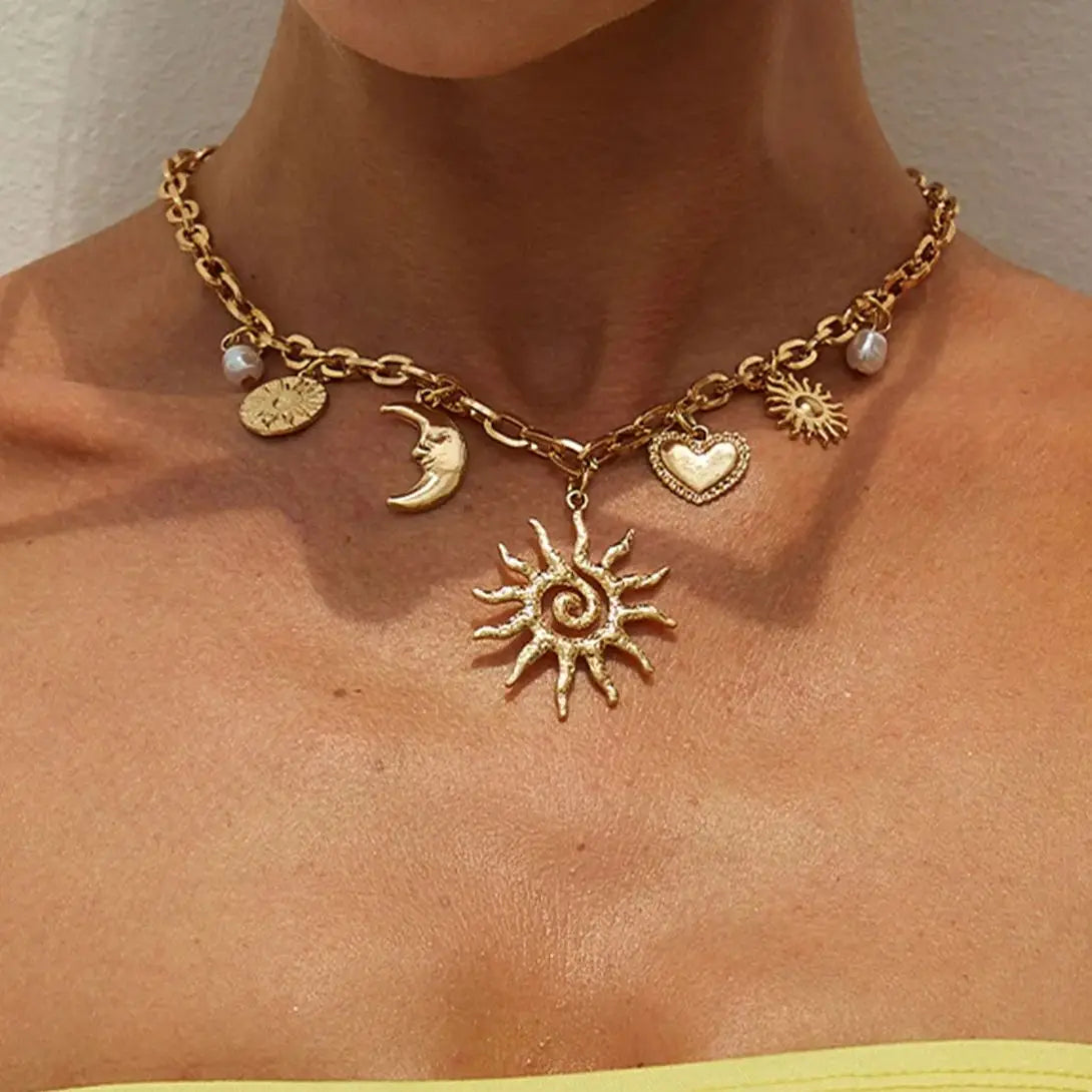 Vintage Coeur Soleil Lune Pendantif Trendy ── .✦