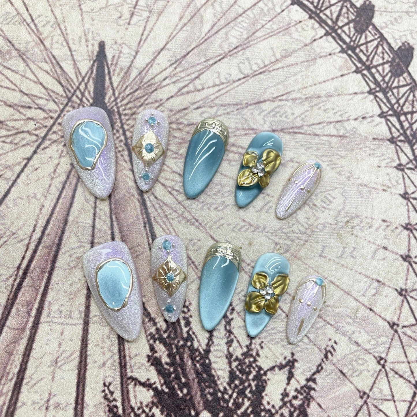 10PCS Fait Main Faux Ongles Réutilisables Fleury ⋆˚✿