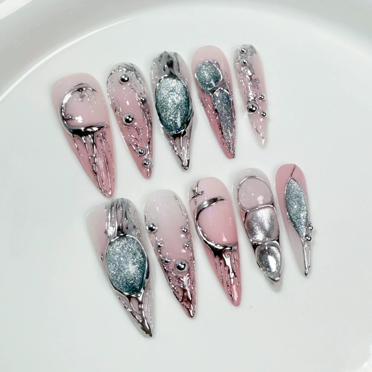 10Pcs 3D Faux Ongles Professionnels Réutilisables Décorés -HAND MADE