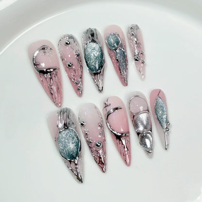 10Pcs 3D Faux Ongles Professionnels Réutilisables Décorés -HAND MADE