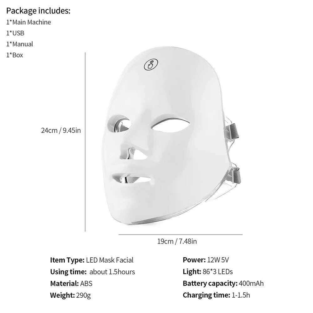 Rechargeable Facial LED Mask 7 Colors LED Photon Beauty Mask Skin Rejuvenation (STOCK Limité)