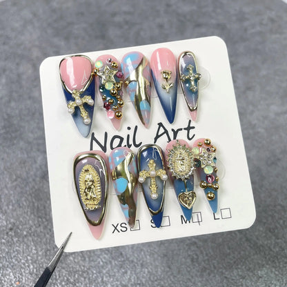 10Pcs 3D Faux Ongles Professionnels Réutilisables Décorés -HAND MADE